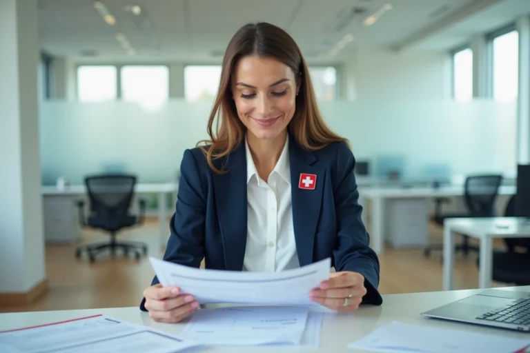 Femme professionnelle examinant des documents de demande de permis de travail en Suisse dans un bureau administratif moderne