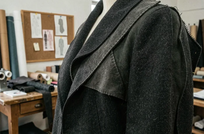 Détail artisanal d'un vêtement en laine charbon aux finitions brutes et coutures irrégulières sur mannequin dans un atelier de mode avant-garde