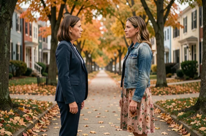 Deux femmes face à face dans une rue de banlieue en automne, scène de tension évoquant les personnages et les thèmes de Little Fires Everywhere sans saison 2