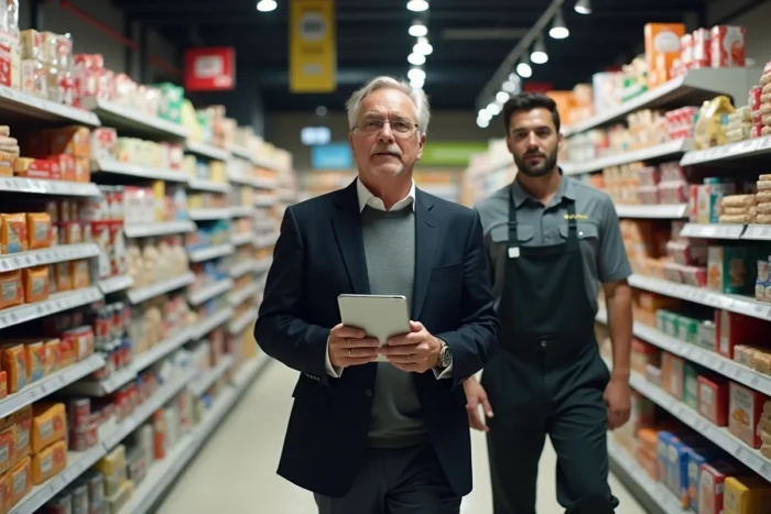 Directeur général de réseau de supermarchés U en visite terrain dans un magasin avec un responsable de rayon