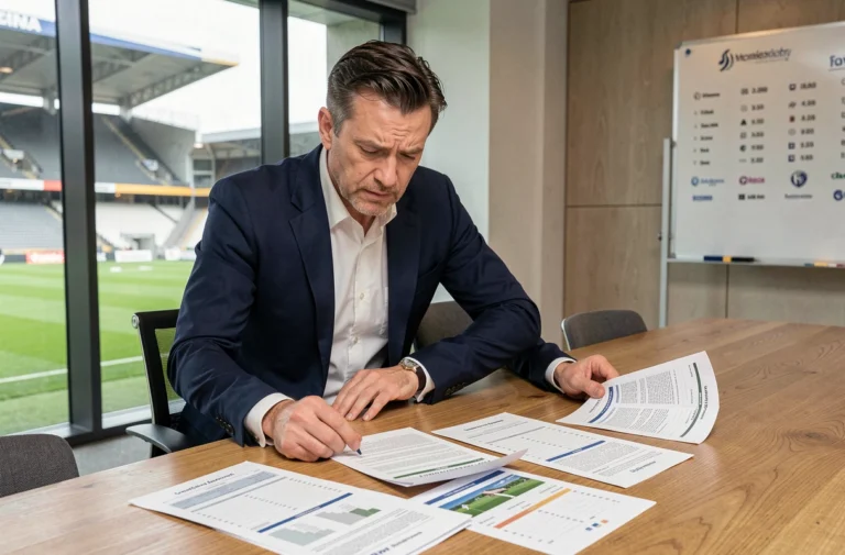 Dirigeant de club de Ligue 1 analysant des documents budgétaires dans une salle de réunion avec vue sur un stade de football