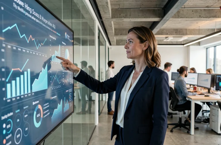 Dirigeante d'entreprise présentant un tableau de bord digital interactif dans un bureau moderne pour illustrer la transformation digitale