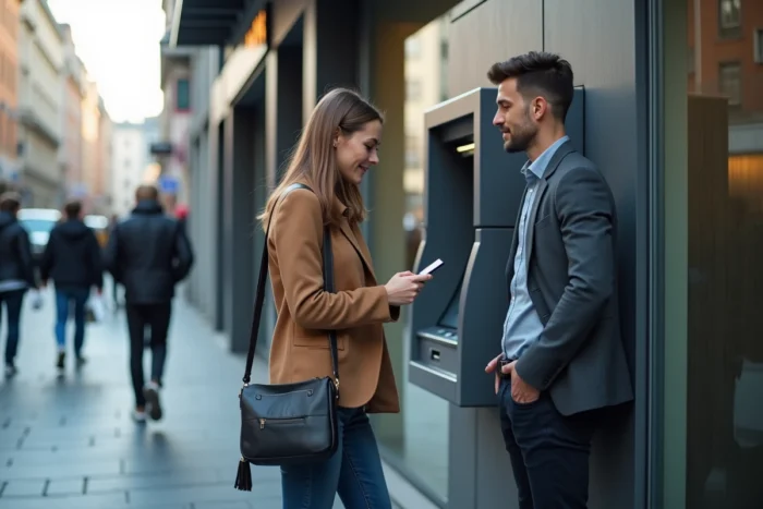 Deux jeunes professionnels utilisent un distributeur automatique bancaire en milieu urbain