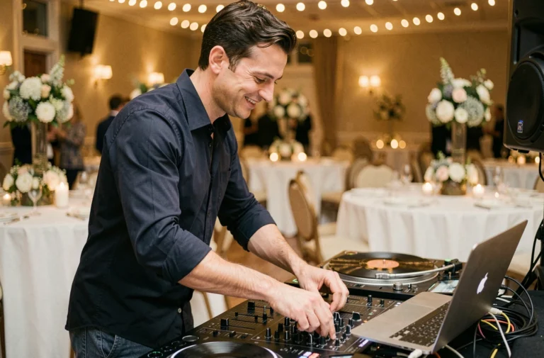 DJ professionnel derrière sa console lors d'une réception de mariage élégante