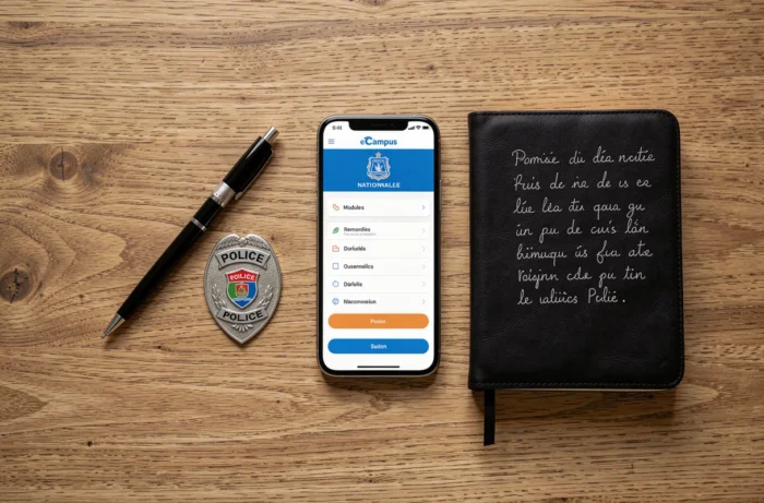 Vue aérienne d'un smartphone affichant eCampus Police nationale avec badge et carnet de notes sur bureau