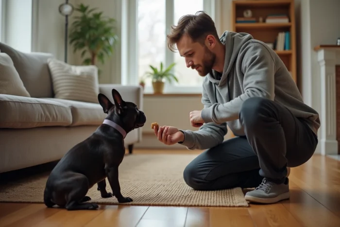 Jeune homme entraînant son Bouledogue Français dans un appartement, illustrant les conseils d'éducation canine à domicile
