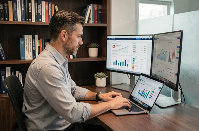 Entrepreneur masculin analysant des tableaux de bord analytiques sur ordinateur dans un bureau privé professionnel