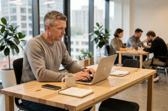 Chef d'entreprise analysant des données numériques sur ordinateur portable dans un espace de co-working pour illustrer la croissance digitale