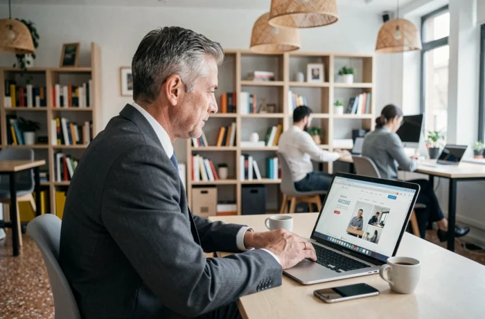 Entrepreneur consultant en stratégie digitale travaillant sur la refonte d'un site e-commerce dans un espace de coworking moderne