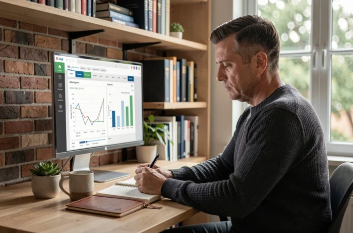 Entrepreneur planifiant une stratégie marketing digitale sur ordinateur dans un bureau à domicile