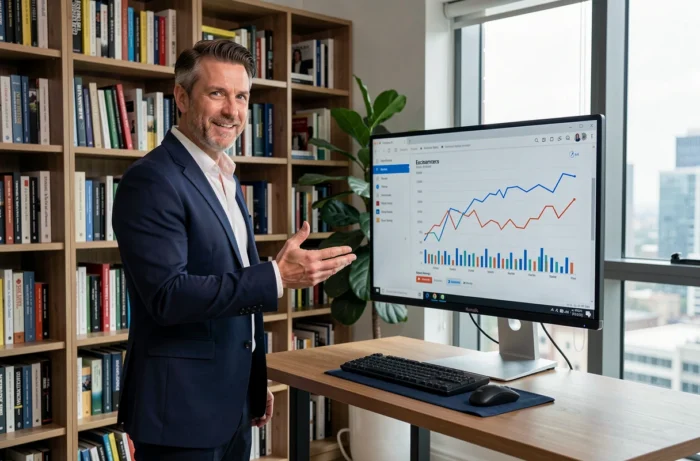 Entrepreneur masculin présentant des tendances e-commerce sur un grand écran dans un bureau à domicile contemporain