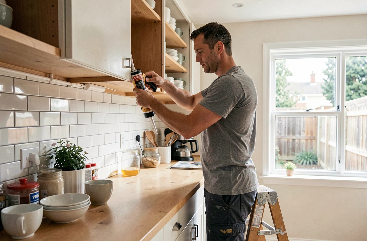 Homme effectuant des travaux d'entretien intérieur dans une cuisine moderne, appliquant du mastic sur les armoires