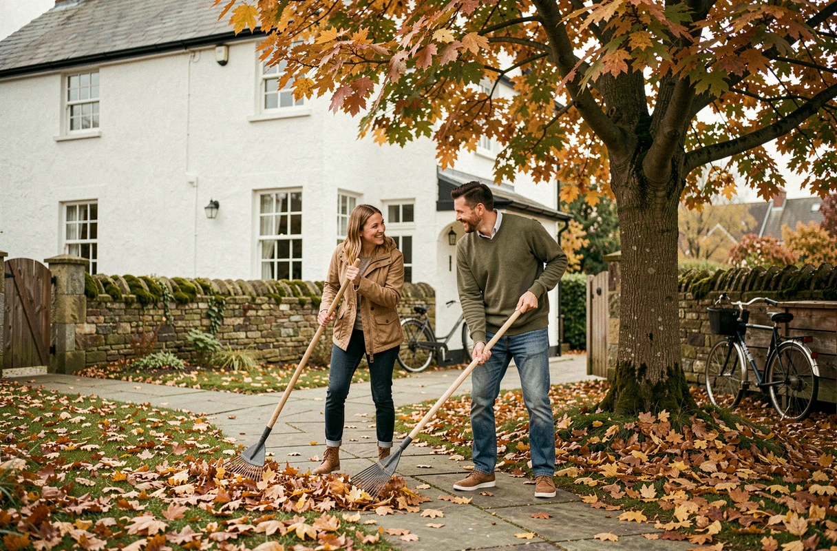 Couple ramassant les feuilles mortes dans le jardin en automne devant une maison avec des outils de jardinage