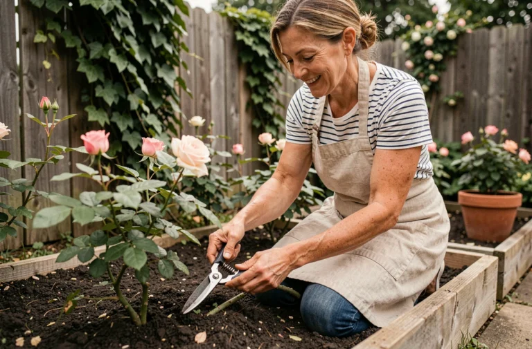 Femme entretenant des rosiers dans un jardin bien soigné au printemps, avec des outils de jardinage en acier