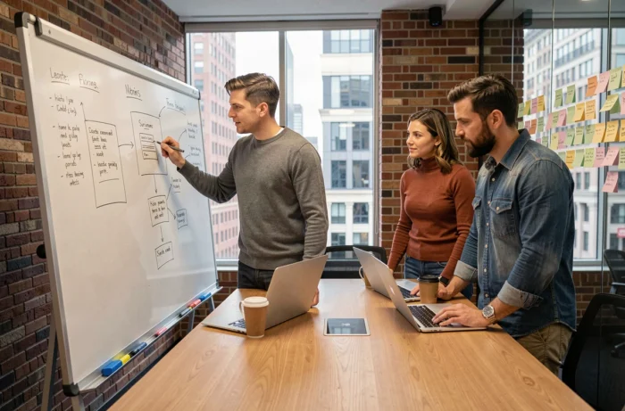Équipe d'une agence digitale en session de brainstorming autour d'un tableau blanc avec des maquettes de site web