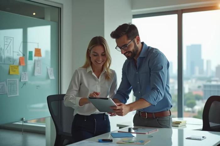 Deux entrepreneurs collaborant sur une stratégie de marketing digital pour leur business en ligne devant une fenêtre avec vue sur la ville