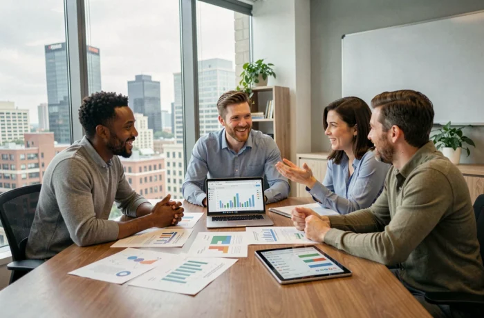 Équipe marketing analysant des données et des indicateurs de performance autour d'une table de réunion
