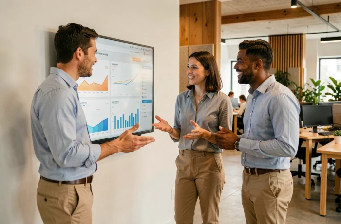 Équipe professionnelle diverse collaborant autour d'un écran interactif dans un espace de coworking moderne