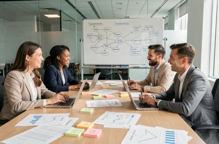Équipe professionnelle en réunion stratégique autour d'une table de conférence avec laptops et graphiques de croissance digitale