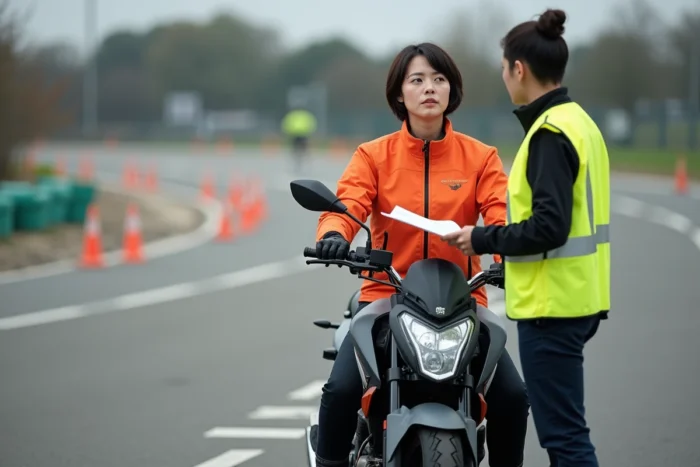Femme en cours d'examen pratique pour obtenir le permis 125cc dans un centre de formation à la conduite