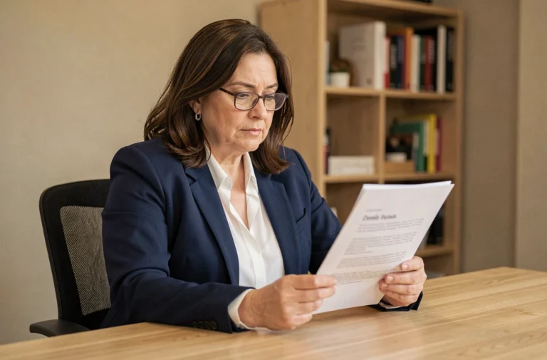 Femme experte analysant attentivement un rapport écrit sur le produit Acthéane à son bureau