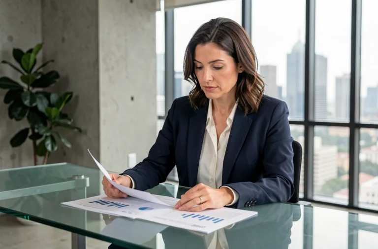 Femme d'affaires professionnelle analysant une stratégie d'entreprise dans un bureau moderne avec vue sur la ville