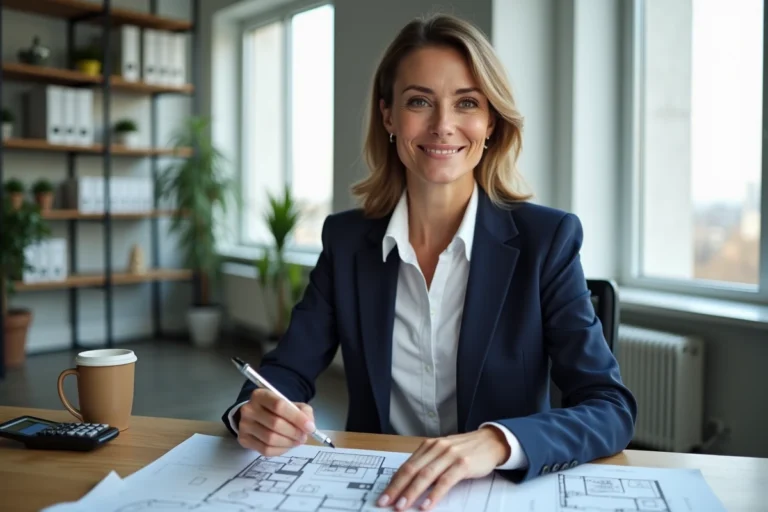 Femme professionnelle analysant des plans immobiliers dans un bureau moderne pour un projet d'investissement