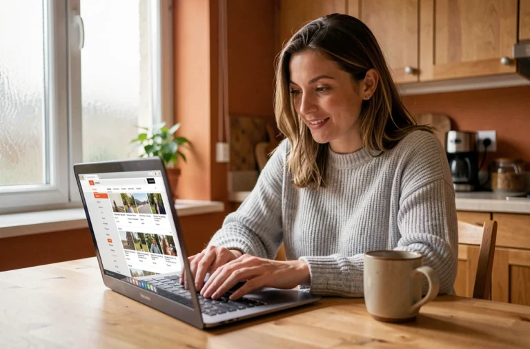 Femme consultant des annonces gratuites en ligne sur un ordinateur portable dans une cuisine chaleureuse
