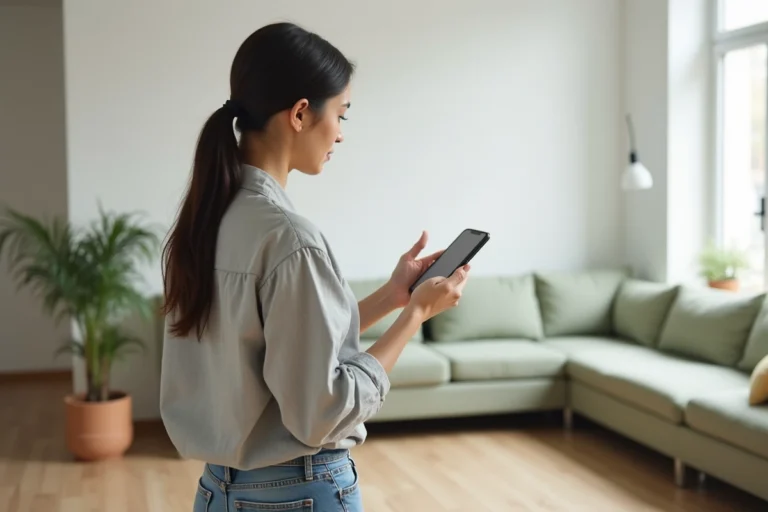 Femme utilisant une application mobile de décoration intérieure dans un salon moderne de style scandinave