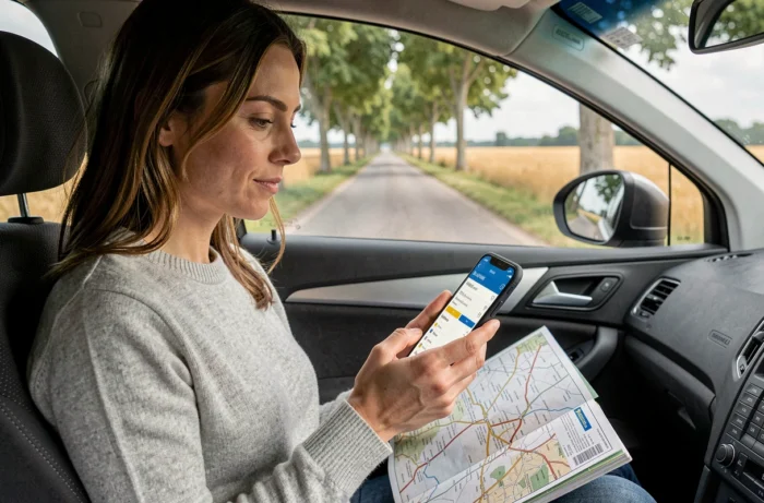 Femme utilisant l'application Michelin sur smartphone pour calculer un itinéraire depuis une voiture garée