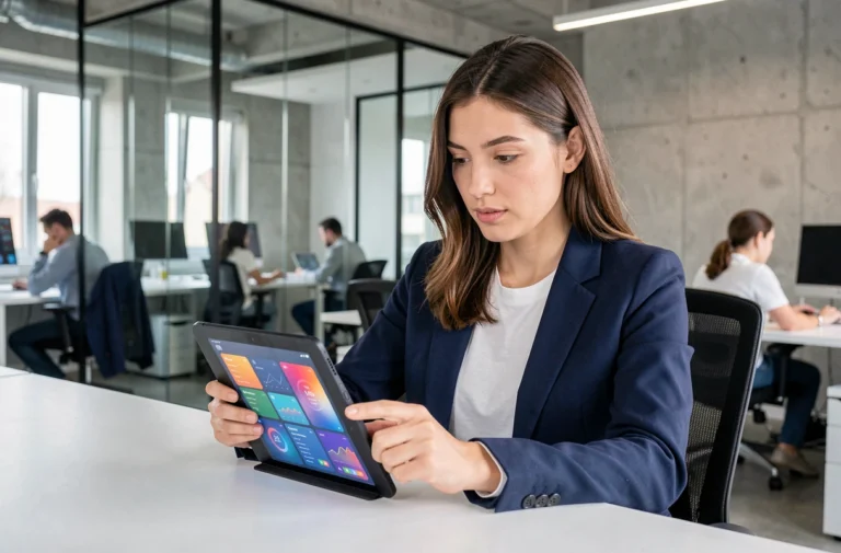 Femme professionnelle consultant les dernières mises à jour digitales sur une tablette dans un bureau moderne