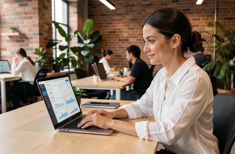 Femme d'affaires analysant des données de business en ligne sur un ordinateur portable dans un espace de coworking moderne