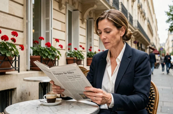 Femme française lisant un journal en terrasse de café parisien, actualité française culture et société