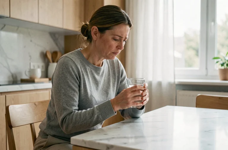 Femme adulte tenant un verre d'eau dans une cuisine moderne, illustrant les troubles digestifs et la constipation