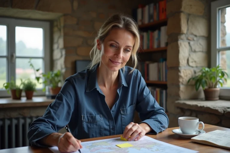 Femme bretonne consultant un plan de sitemap imprimé dans un bureau en pierre typique de Bretagne