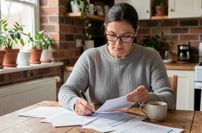 Femme lisant attentivement un contrat immobilier et des documents financiers à son domicile