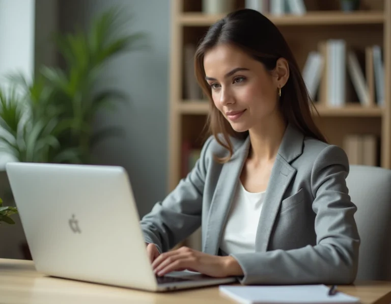 Femme utilisant un correcteur orthographique sécurisé sur son ordinateur portable dans un bureau moderne