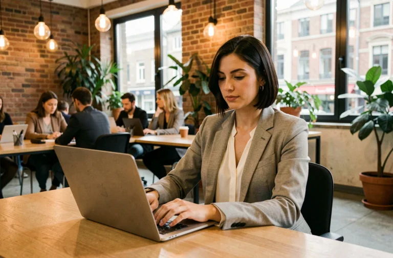 Femme professionnelle travaillant sur un ordinateur portable dans un espace de coworking moderne à Bruxelles avec murs en briques apparentes