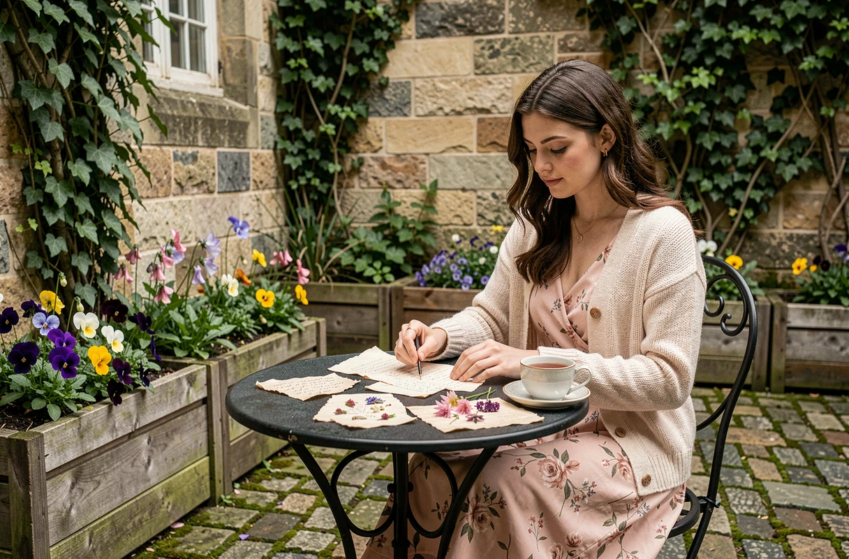 Jeune femme créatrice arrangeant des vers poétiques et des fleurs pressées dans un jardin de cour au printemps
