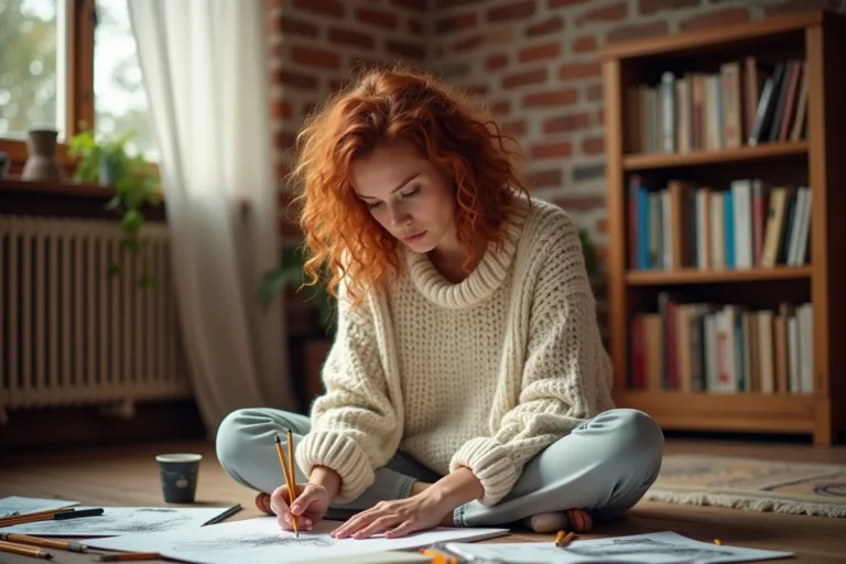 Femme dessinant entourée de carnets et crayons de couleur dans un salon chaleureux, activité créative pour occuper son temps libre