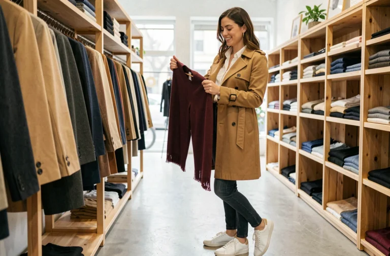 Femme élégante en manteau camel tendance faisant du shopping dans une boutique moderne, tenant une écharpe bordeaux