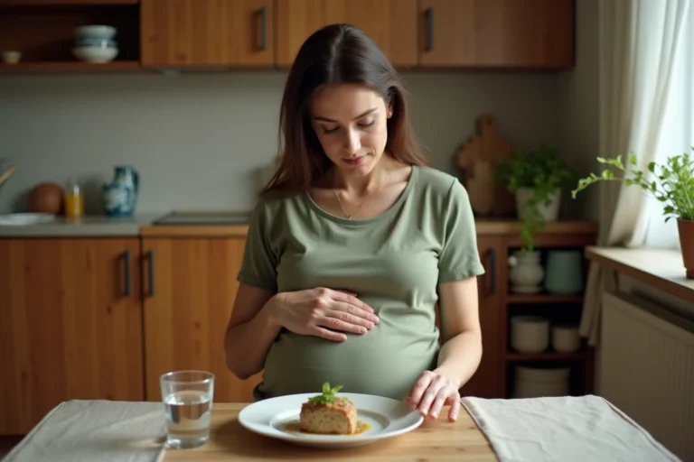 Femme enceinte assise à une table en bois examinant une terrine de pâté dans une cuisine chaleureuse