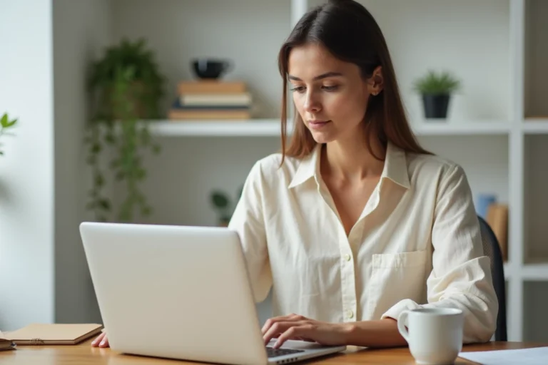 Femme entrepreneur travaillant sur son business en ligne depuis un bureau à domicile moderne avec un ordinateur portable