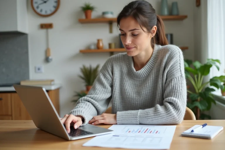 Femme gérant son budget personnel sur un ordinateur portable à une table en bois dans une cuisine moderne