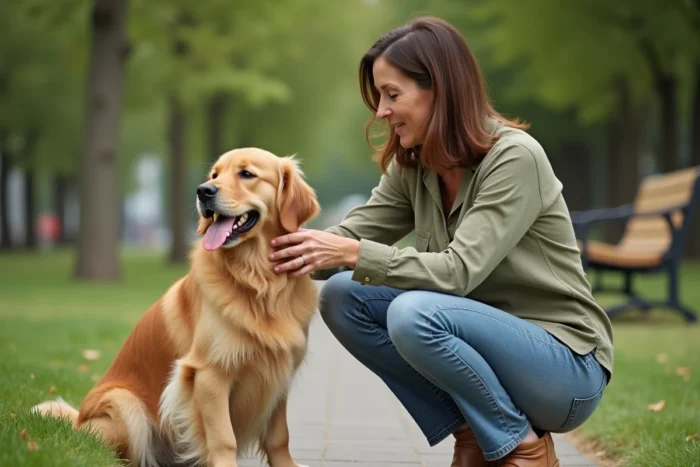 Femme promenant son Golden Retriever dans un parc urbain, illustrant le lien entre l'humain et son chien au quotidien