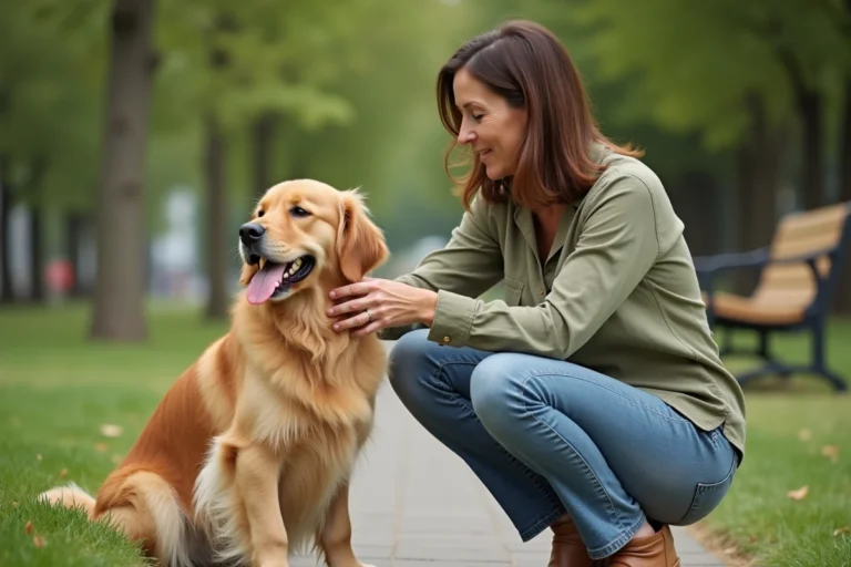Femme promenant son Golden Retriever dans un parc urbain, illustrant le lien entre l'humain et son chien au quotidien