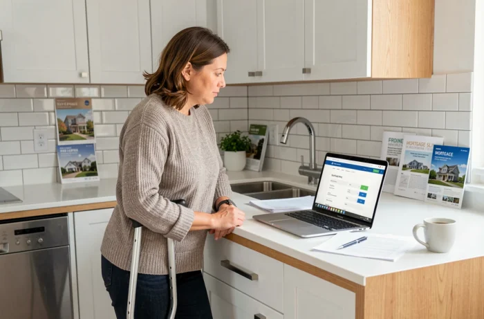 Une femme en situation de handicap recherche des informations sur le prêt immobilier adapté à sa pension d'invalidité depuis son domicile
