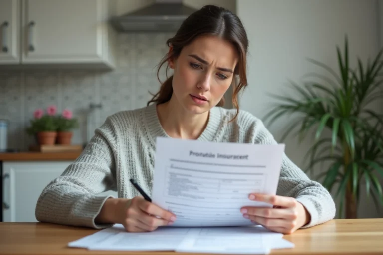 Femme lisant attentivement son contrat d'assurance habitation à une table de cuisine en bois, stylo à la main
