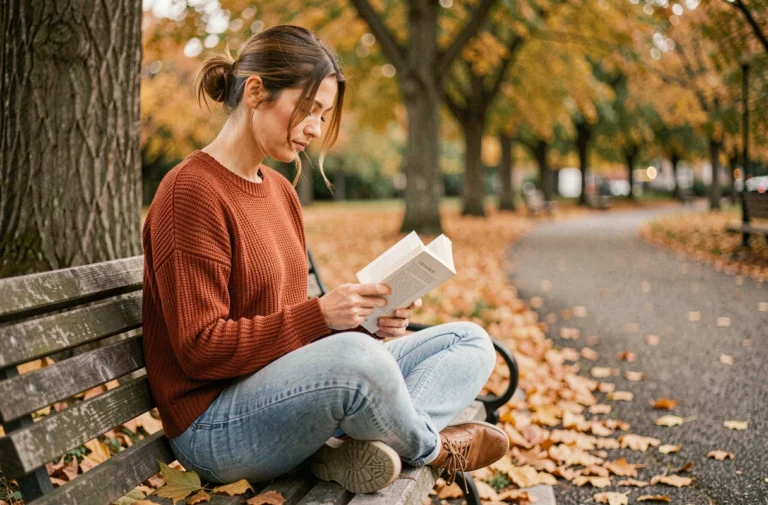 Femme lisant un livre dans un parc en automne, activité de loisir relaxante en plein air