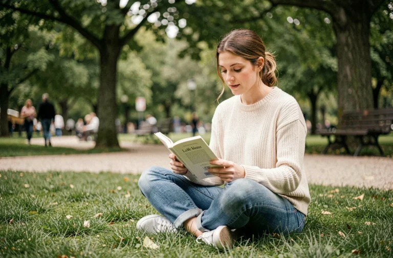 Femme lisant un livre gratuitement dans un parc verdoyant lors de ses loisirs
